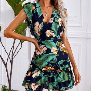 New Tropical Print Ruffle Hem Dress Green